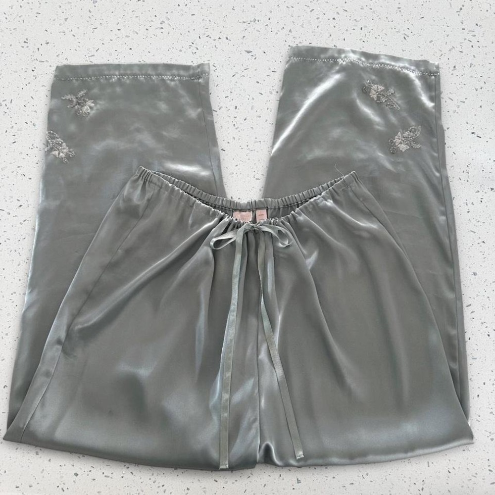 Victorias Secret Sage Green Satin Embroidered Pajama Pants Wide‎ Leg Medium
